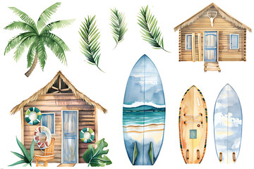 Watercolor painting realistic Full picter A large set of pictures with beach cabins, surfboards, summer vacation and vacation accessories Isolated objects on a white background.