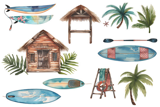 Watercolor painting realistic Full picter A large set of pictures with beach cabins, surfboards, summer vacation and vacation accessories Isolated objects on a white background.