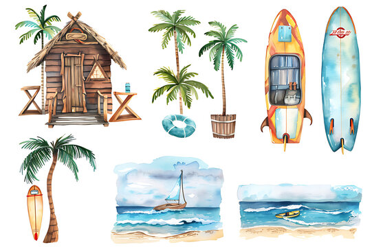 Watercolor painting realistic Full picter A large set of pictures with beach cabins, surfboards, summer vacation and vacation accessories Isolated objects on a white background.