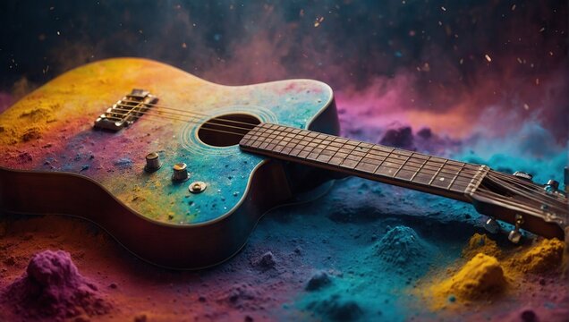 Guitar in cloud colorful dust, World music day banner with musician and musical instrument on abstract colorful dust background