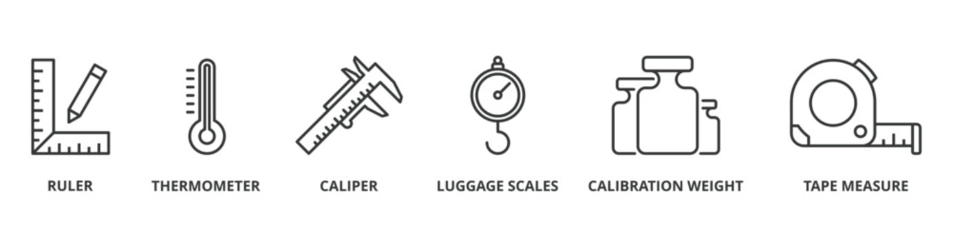 Measurement banner web icon vector illustration concept with icon of ruler, thermometer, caliper, luggage scales, calibration weight, tape measure