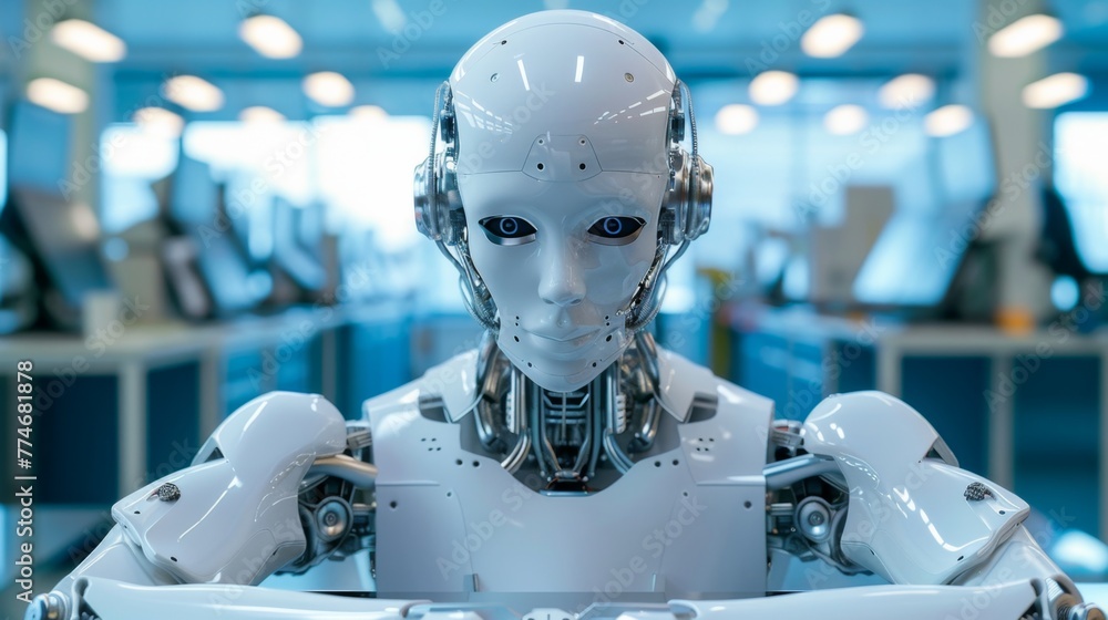 Poster advanced white robot sitting in an office