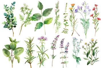 Watercolor painting realistic set of herbs, wildflowers and spices on white background. Clipping path included.