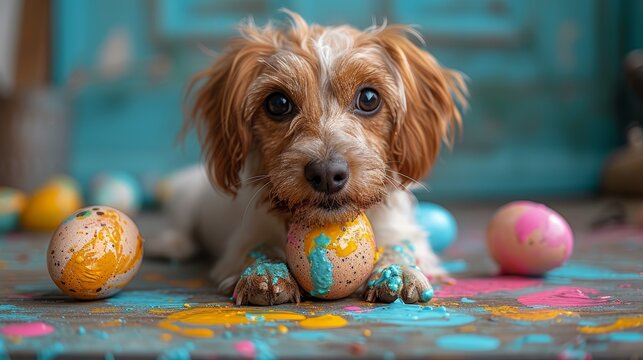   A brown-and-white dog lies on the floor next to a stack of painted eggs and a blue door