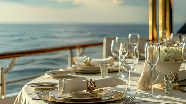 A table set for fine dining on the upper deck of the yacht. Guests can enjoy a delicious meal with panoramic views of the surrounding ocean and sky. The gold and white color