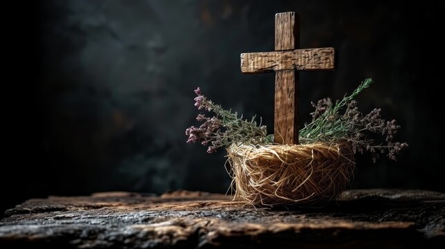   A cross atop a wooden table, beside a stack of hay and an array of wildflowers