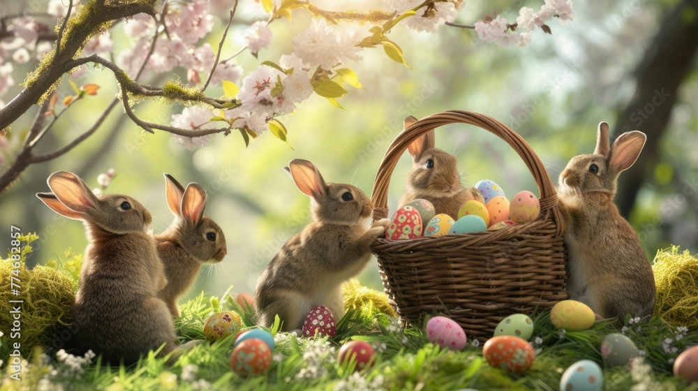 Wall mural three audubons cottontail rabbits are standing next to a basket of easter eggs in a field of grass a