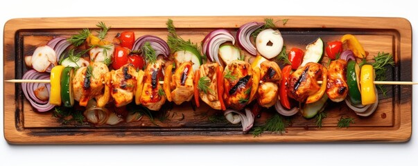 Grilled chicken skewers with vegetables on board