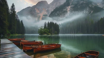 Gartenposter beautiful landscape view of a lake surrounded by mountains with boats  © Ivana