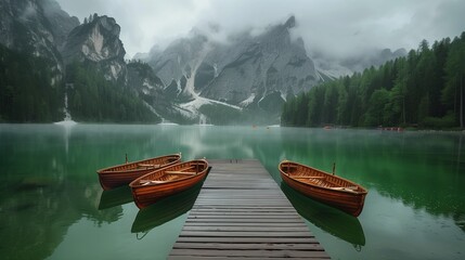 beautiful landscape view of a lake surrounded by mountains with boats  - obrazy, fototapety, plakaty