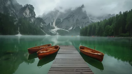 Foto op Canvas beautiful landscape view of a lake surrounded by mountains with boats  © Ivana