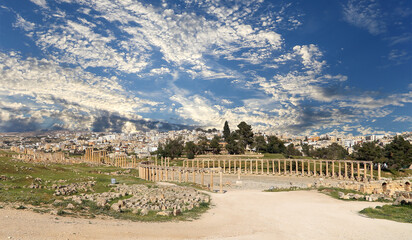 Forum (Oval Plaza) in Gerasa (Jerash), Jordan. Was built in the first century AD. Against the...