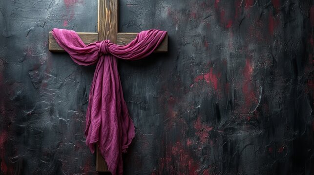   A crucifix, adorned with a purple scarf, stands before a black-and-red painted wall