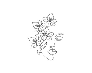  Woman with flower Line Art Minimalist Logo. Nature Organic Cosmetics Makeup. Flower head Feminine Illustration line drawing. Woman face with flowers line Art & Illustration