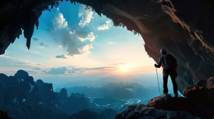 Silhouette of a mountain climber in front of a cave entrance in the mountains at sunset - obrazy, fototapety, plakaty