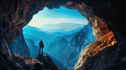 Silhouette of a mountain climber in front of a cave entrance in the mountains at sunset - obrazy, fototapety, plakaty