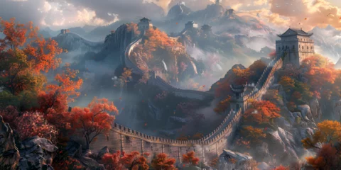 Fotobehang The Great Wall of china painting, generative ai © Chaman