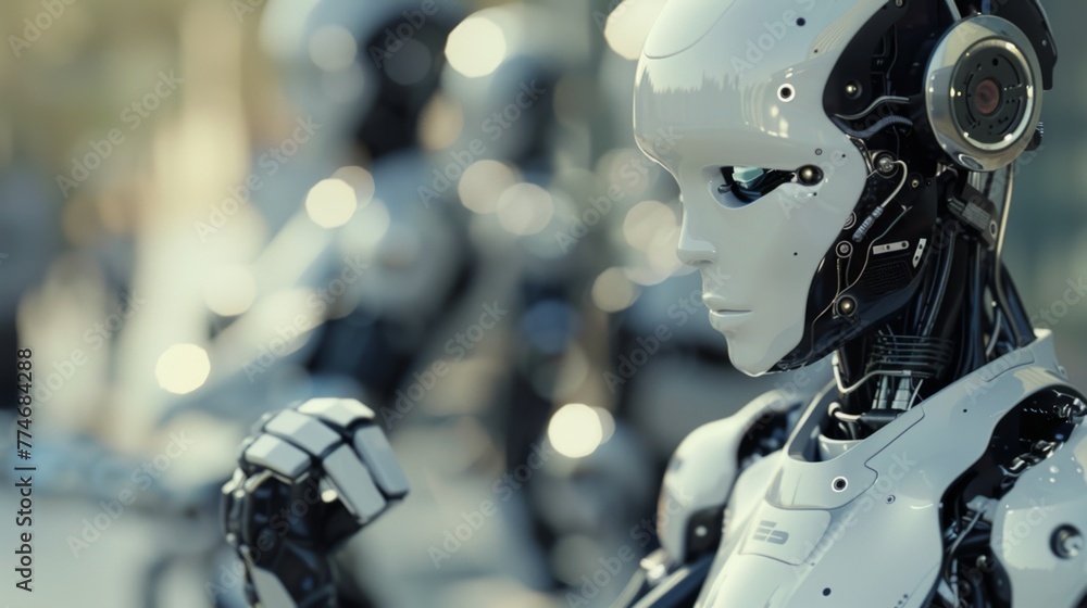 Poster Robot Stands Before Group of Robots