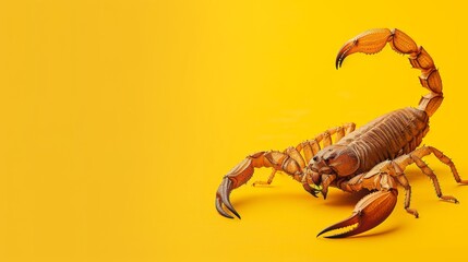 Scorpion on yellow background. Dangerous insect. Sting with poison. - obrazy, fototapety, plakaty