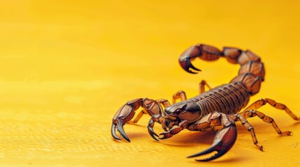 Scorpion on yellow background. Dangerous insect. Sting with poison.