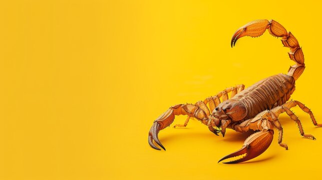 Scorpion on yellow background. Dangerous insect. Sting with poison.