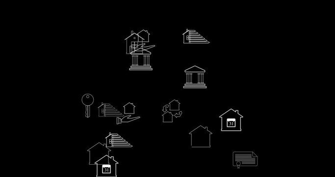 Cg background with digital symbols of the real estate market that randomly appear and disappear