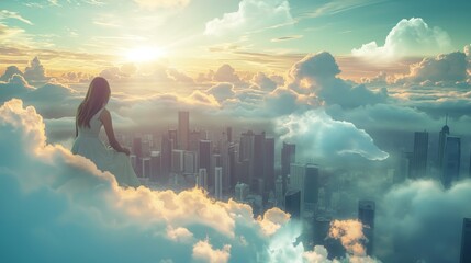 A beautiful girl in a white dress sitting on clouds at dawn, looking at the cityscape below - obrazy, fototapety, plakaty