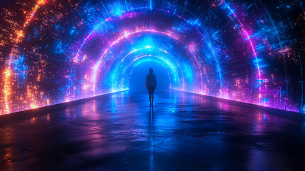 A man stands at the end of a tunnel decorated with lights that represents the future of information and computers. - obrazy, fototapety, plakaty