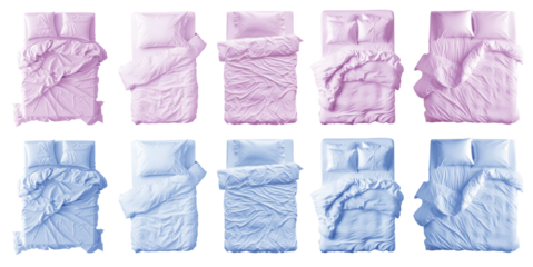 2 Collection set of pastel light blue purple blank blanket, pillows, comforter duvet bedding double king queen single bed top view on transparent cutout, PNG file. Many design. Mockup template