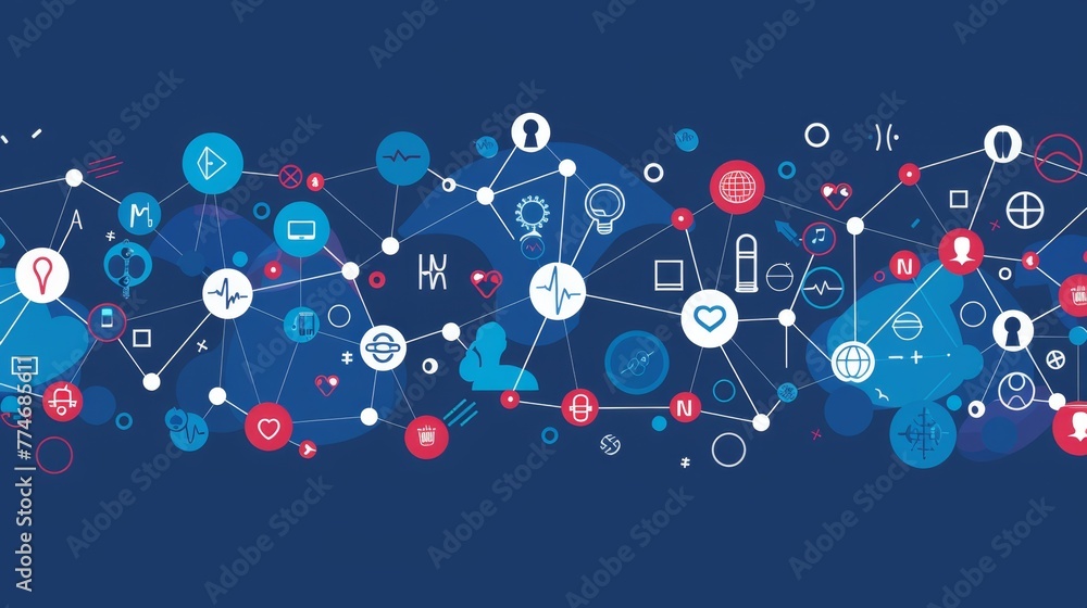 Poster blue background with various icons and symbols