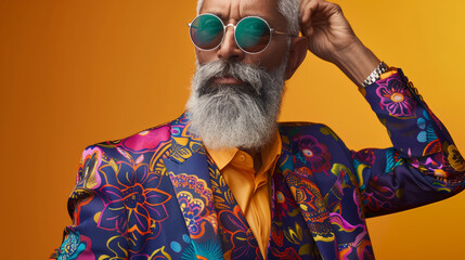 A man wearing a colorful suit and sunglasses. a fun and playful mood. attractive 50 years old gentleman, contrasting background rich in ornaments details suit, professional fashion magazine cover