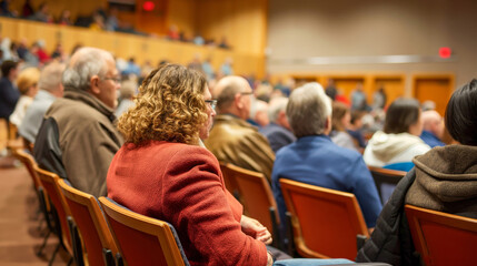 Elderly people in an auditorium, listening to the speaker during an event or conference.