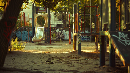 A playground with graffiti on the fence, a slide and climbing frame in an urban neighborhood, golden hour light