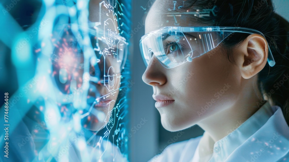 Aufkleber Scientist in Lab Coat Analyzing Data on Computer Screen