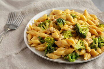 Homemade Cheesy Chicken And Broccoli Pasta on a Plate, side view.