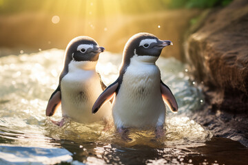 Two cute penguins, World Penguin Day card, banner