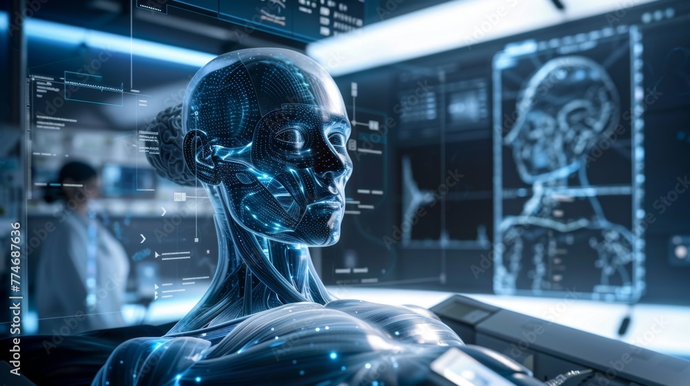 Poster humanoid head interacting with futuristic interface