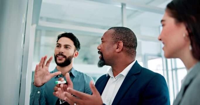 Workshop, brainstorming and business people at whiteboard with smile, creative or collaboration at startup. Problem solving, happy woman and professional men with discussion, office planning or ideas