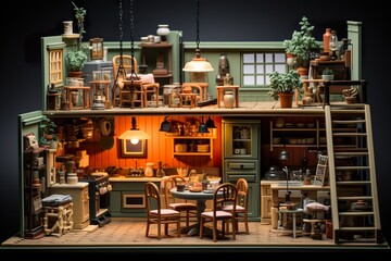 minimalistic design Interior of a doll house's kitchen, miniature diorama illustration