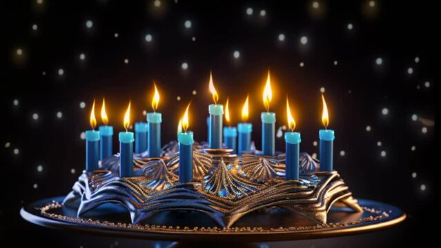 Generative ai on theme of big candlestick with burning candles for celebration holiday Hanukkah