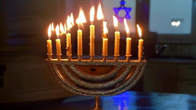 Generative ai on theme of big candlestick with burning candles for celebration holiday Hanukkah