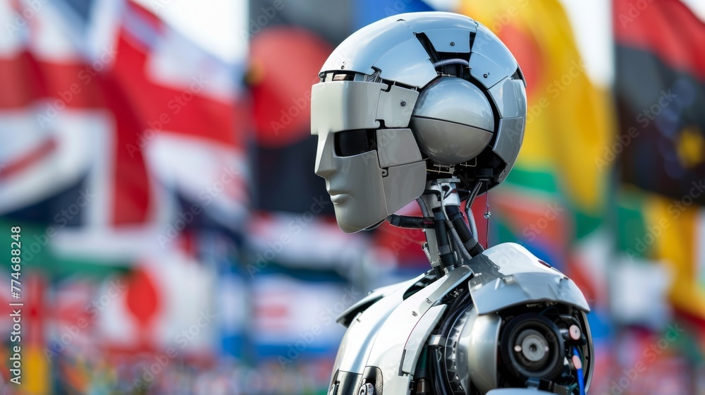 Poster Robot Standing Before Many Flags
