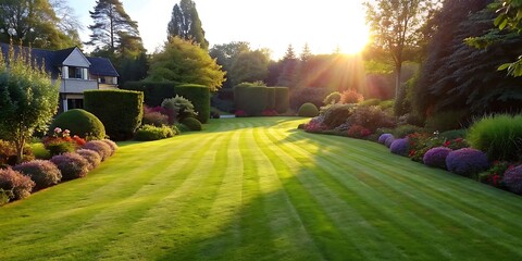 Sunset Glow With Manicured Lawn and Flowerbed on Private Plot