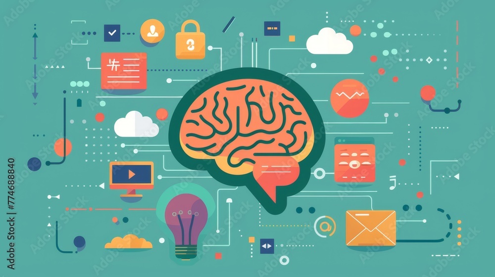 Poster brain surrounded by icons and symbols