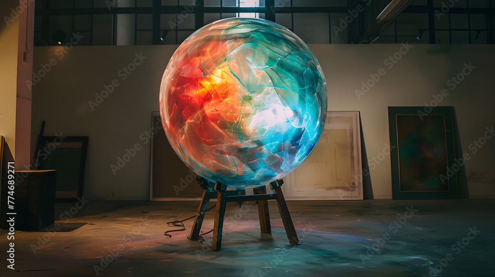 Poster a large colorful translucent sphere sitting on an easel in the middle of a dark studio