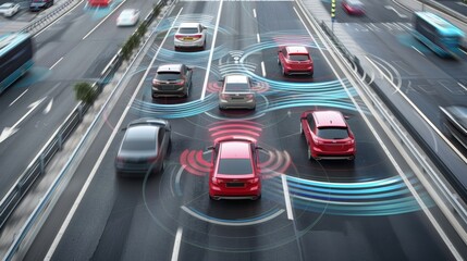 Autonomous Vehicles Navigating Traffic on Urban Roadway - obrazy, fototapety, plakaty