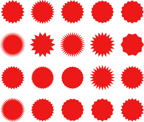 Starburst red sticker set - collection of special offer sale oval and round shaped sunburst labels and badges. Promo stickers with star edges. Vector.