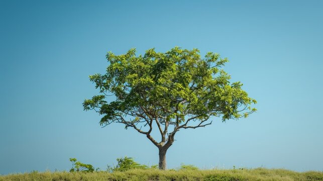 A lonely leafless tree with a blue sky on the background. Beautiful simple AI generated image in 4K, unique.
