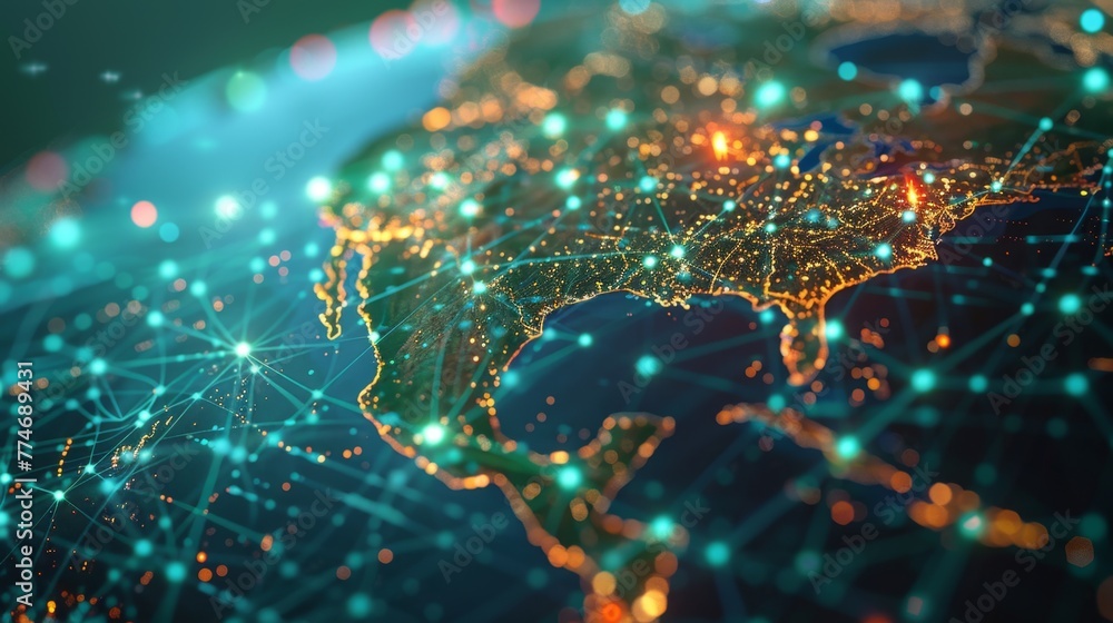 Aufkleber Illuminated Network Nodes and Data Streams Across a Digital Map
