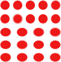 Starburst red sticker set - collection of special offer sale oval and round shaped sunburst labels and badges. Promo stickers with star edges. Vector.